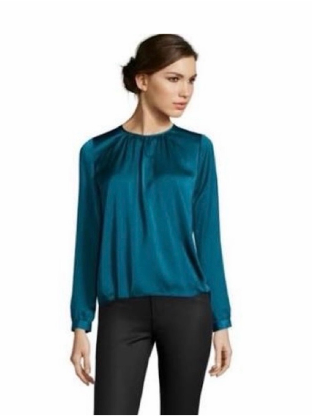 Vince Teal Gathered-Neck Satin Blouse